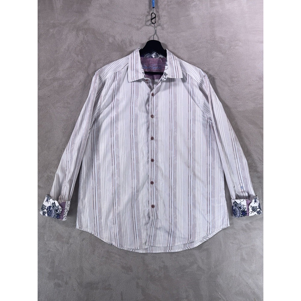 Robert Graham Button Down Shirt Mens XL‎ White Striped Flip Cuff Paisley